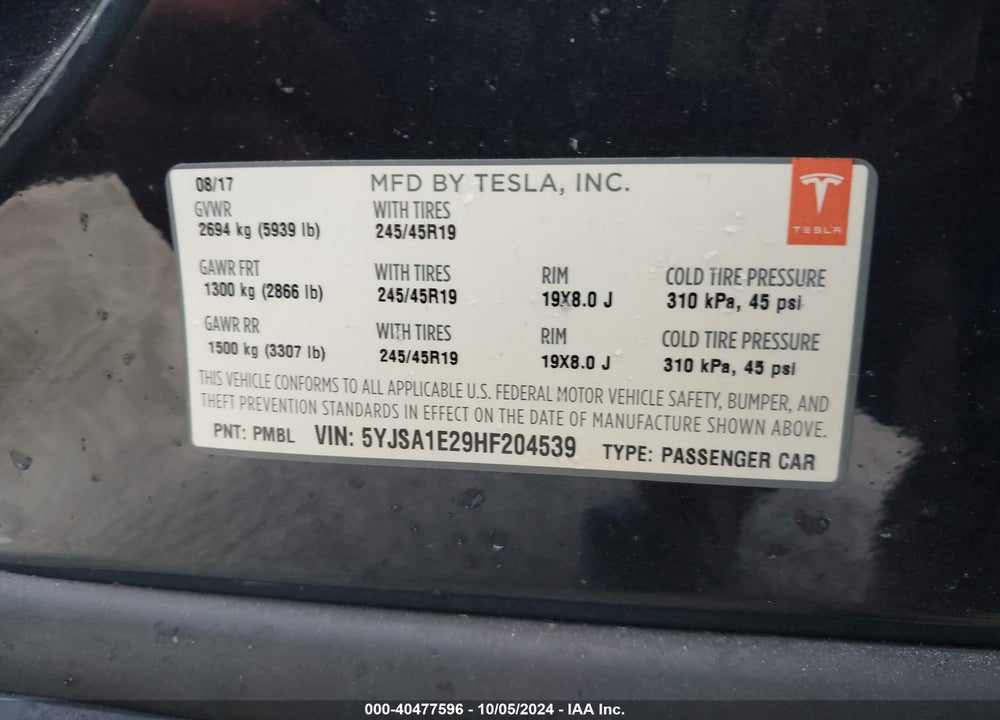 2017 TESLA MODEL S VIN: 5YJSA1E29HF204539
