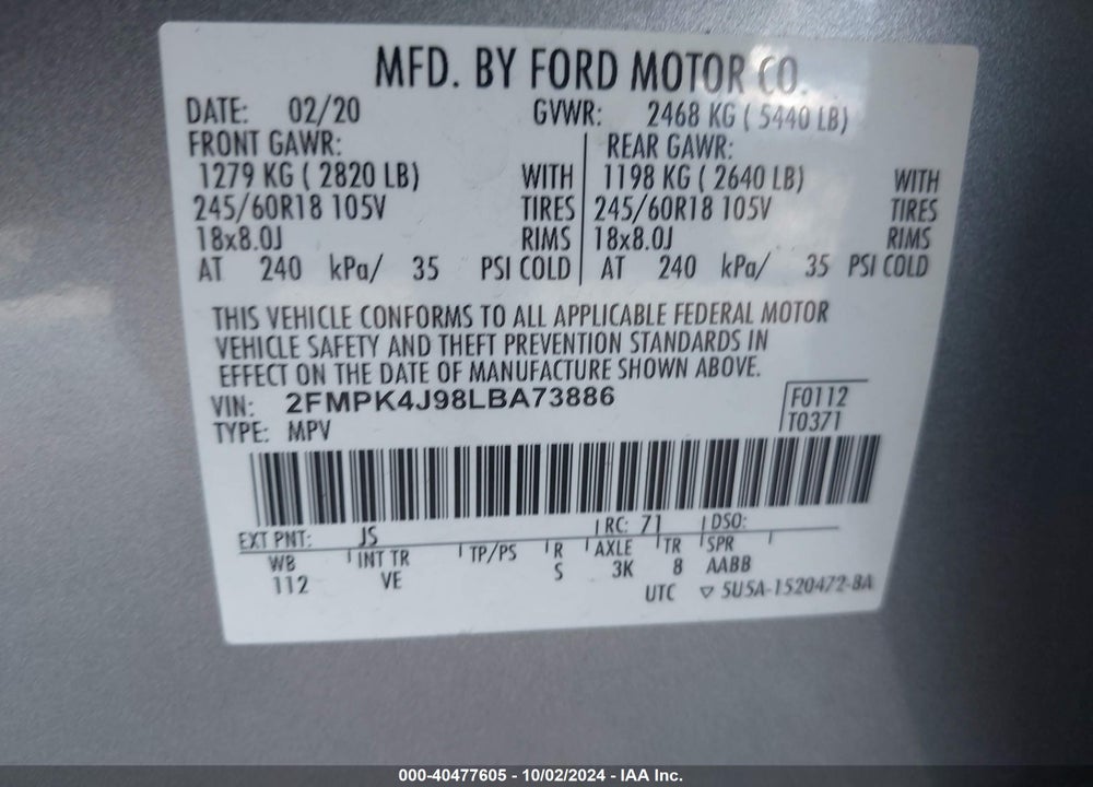 2020 FORD EDGE SEL VIN: 2FMPK4J98LBA73886