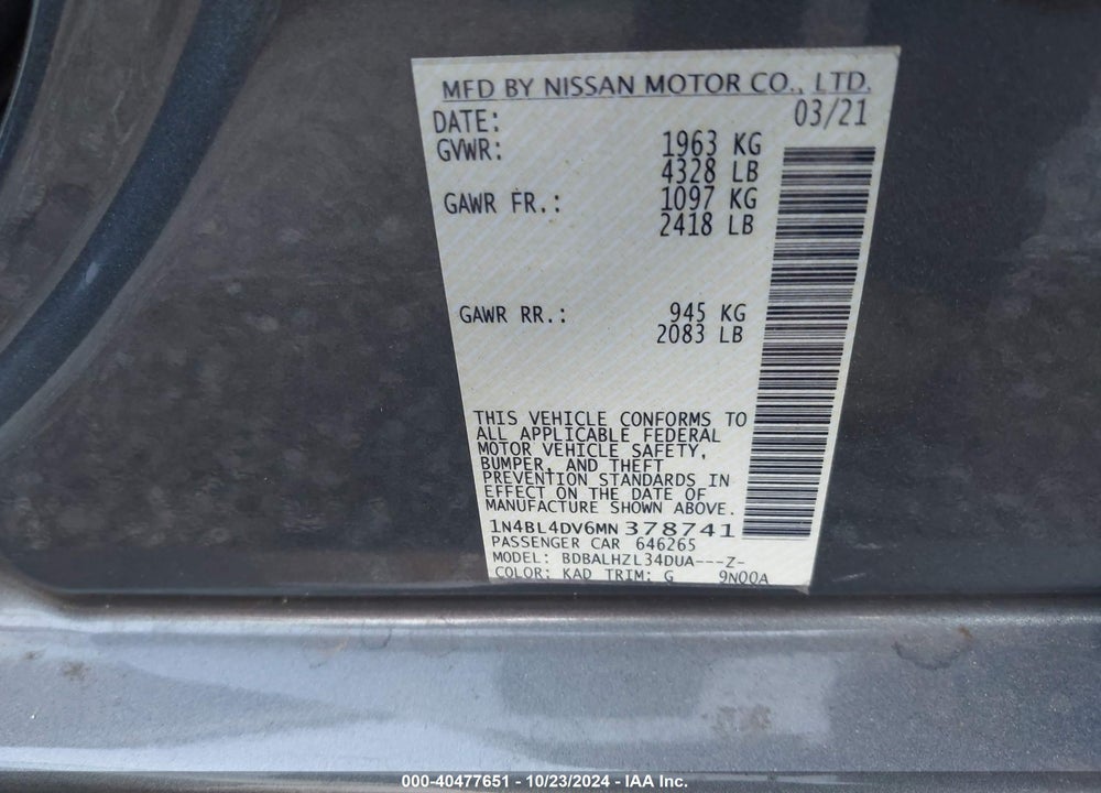 2021 NISSAN ALTIMA SV FWD VIN: 1N4BL4DV6MN378741