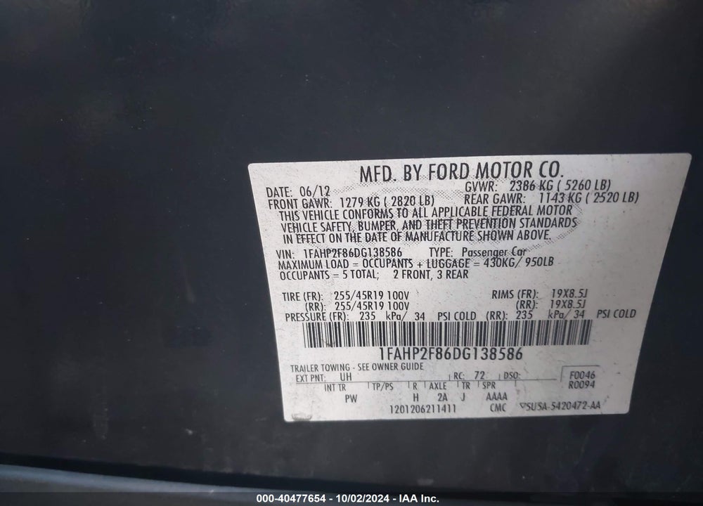 2013 FORD TAURUS LIMITED VIN: 1FAHP2F86DG138586