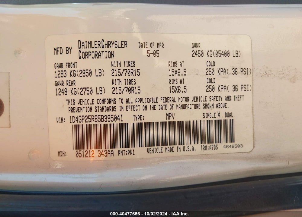 2005 DODGE CARAVAN SE VIN: 1D4GP25R85B395041