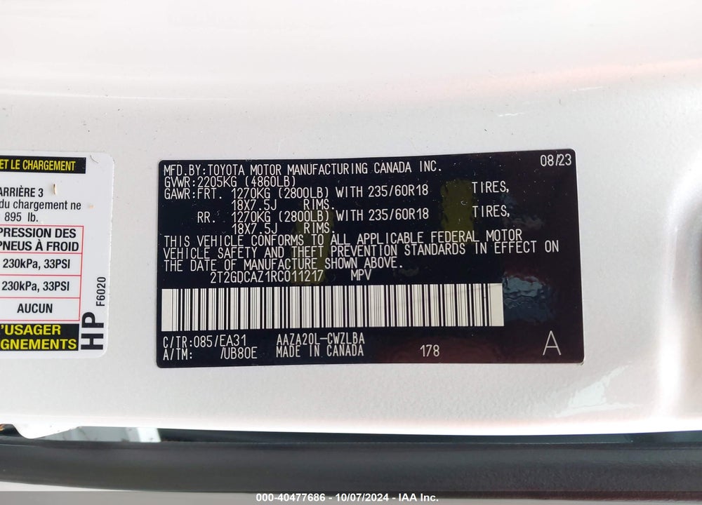 2024 LEXUS NX 250 PREMIUM VIN: 2T2GDCAZ1RC011217