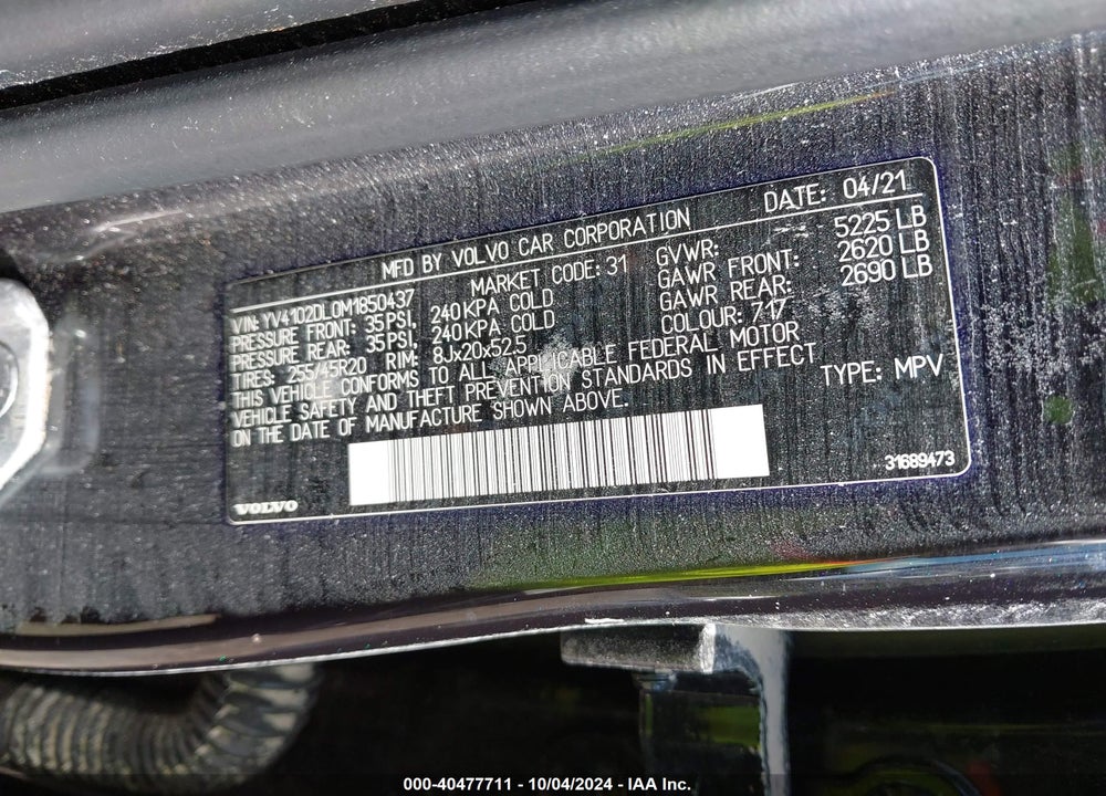 2021 VOLVO XC60 T5 INSCRIPTION VIN: YV4102DL0M1850437