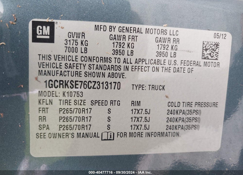 2012 CHEVROLET SILVERADO 1500 LT VIN: 1GCRKSE76CZ313170