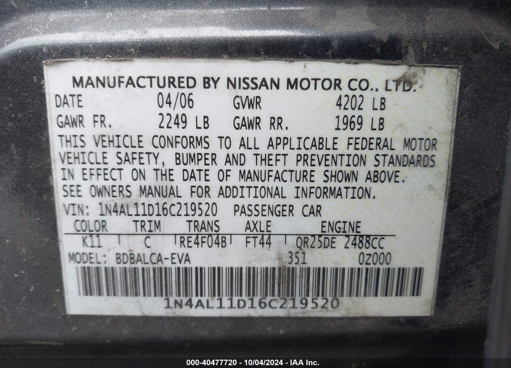 2006 NISSAN ALTIMA 2.5 S VIN: 1N4AL11D16C219520