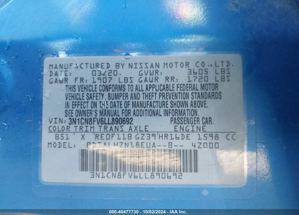 2020 NISSAN VERSA SR XTRONIC CVT VIN: 3N1CN8FV6LL890692