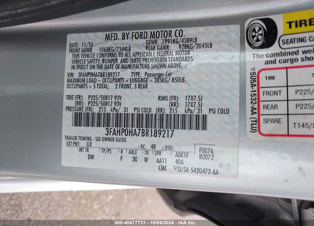2011 FORD FUSION SE VIN: 3FAHP0HA7BR189217