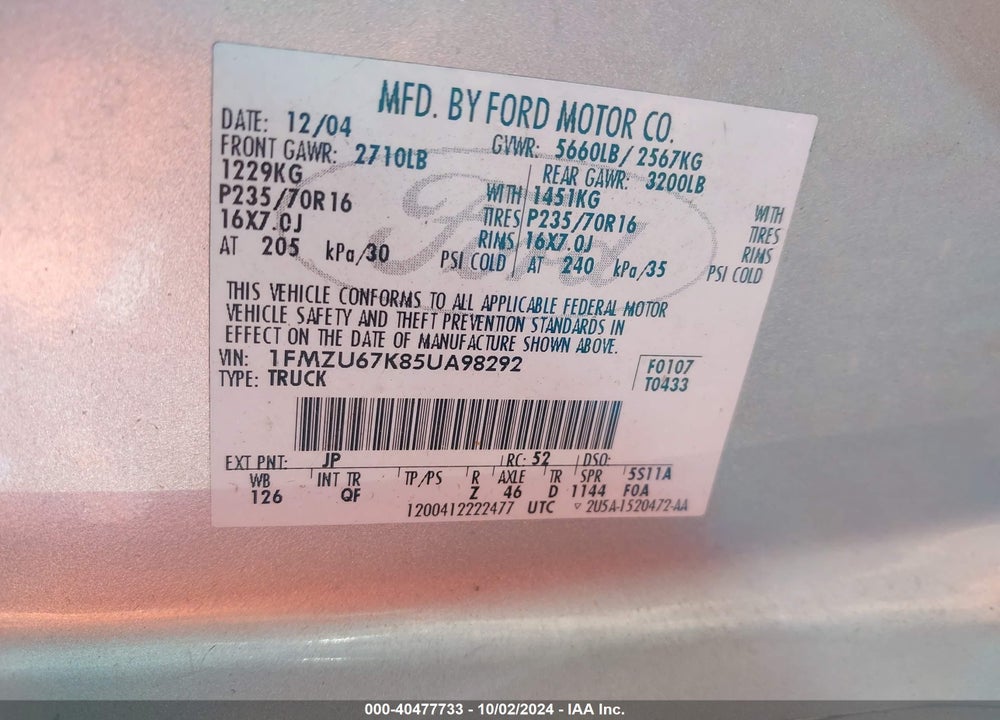 2005 FORD EXPLORER SPORT TRAC ADRENALIN/XLS/XLT VIN: 1FMZU67K85UA98292