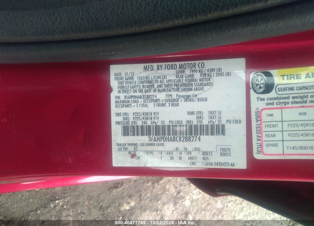 2012 FORD FUSION SE VIN: 3FAHP0HA8CR288274
