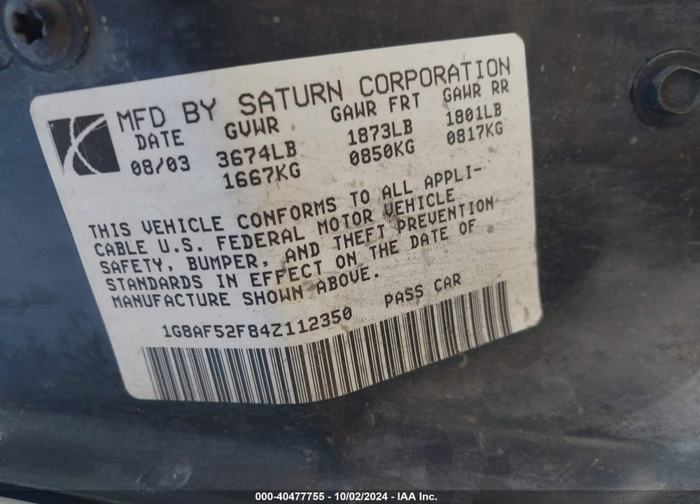 2004 SATURN ION 1 VIN: 1G8AF52F84Z112350