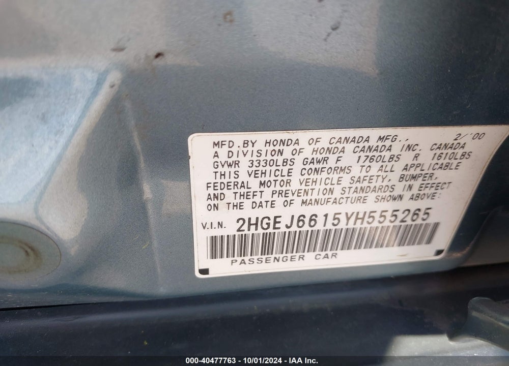 2000 HONDA CIVIC VALUE PACKAGE VIN: 2HGEJ6615YH555265