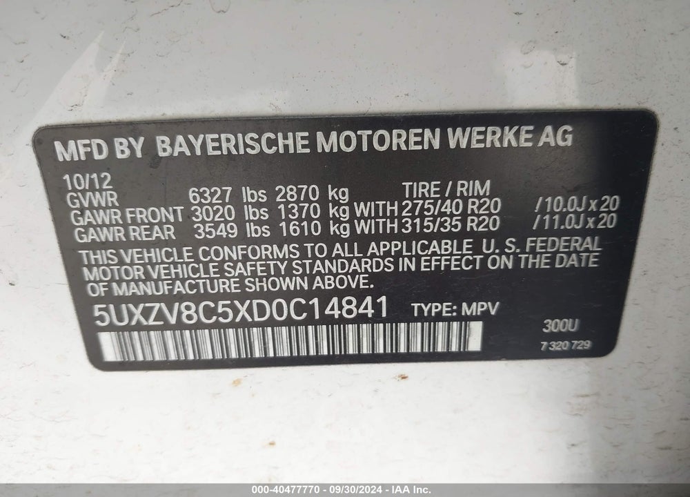 2013 BMW X5 XDRIVE50I VIN: 5UXZV8C5XD0C14841