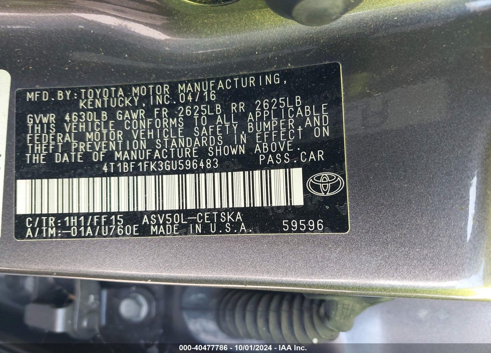 2016 TOYOTA CAMRY SE VIN: 4T1BF1FK3GU596483