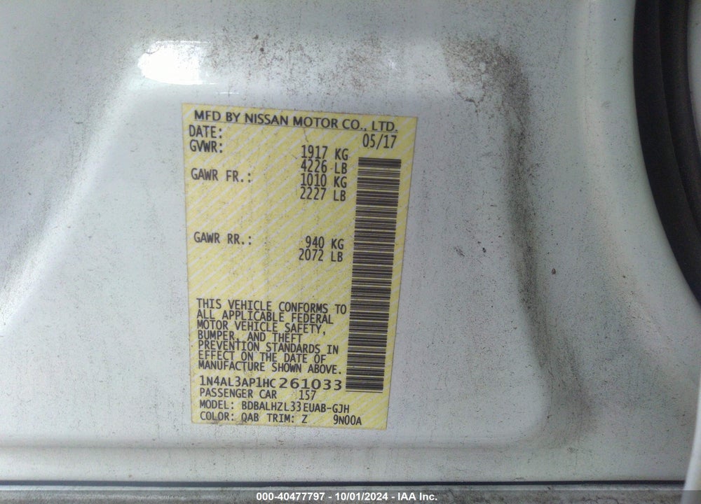 2017 NISSAN ALTIMA 2.5 SR VIN: 1N4AL3AP1HC261033