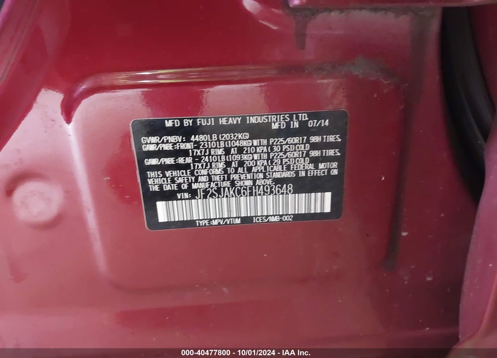 2015 SUBARU FORESTER 2.5I LIMITED VIN: JF2SJAKC6FH493648