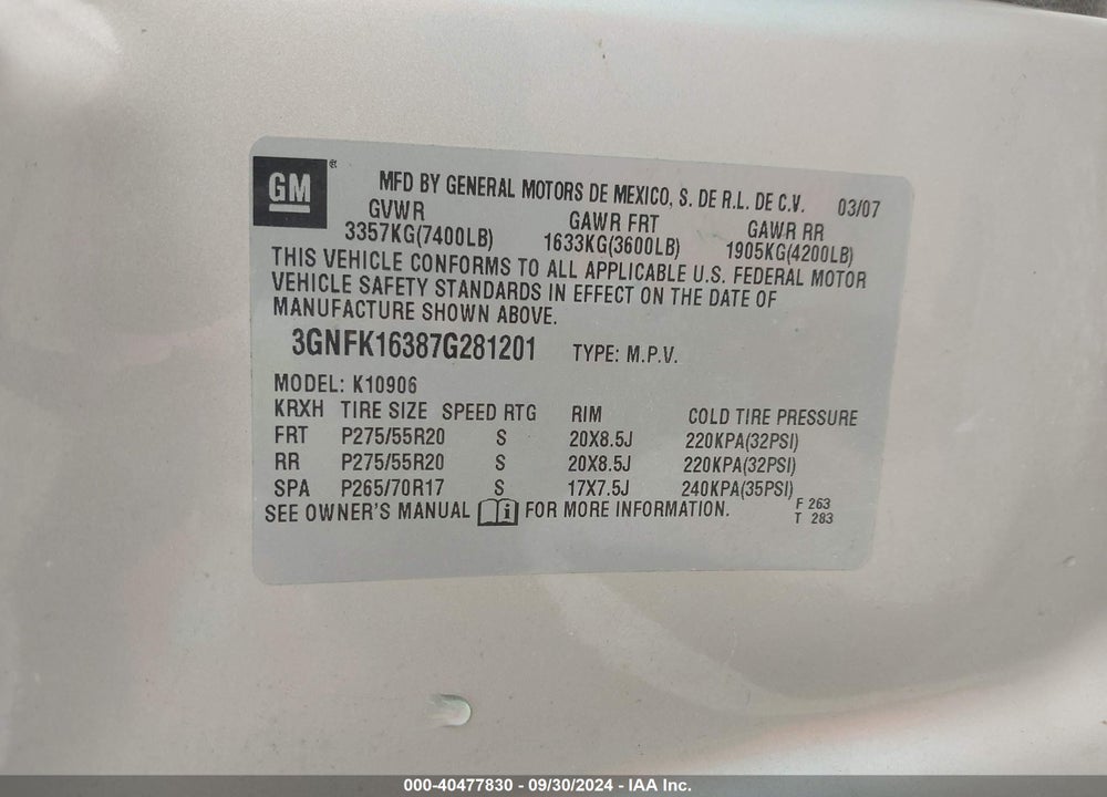 2007 CHEVROLET SUBURBAN 1500 LTZ VIN: 3GNFK16387G281201