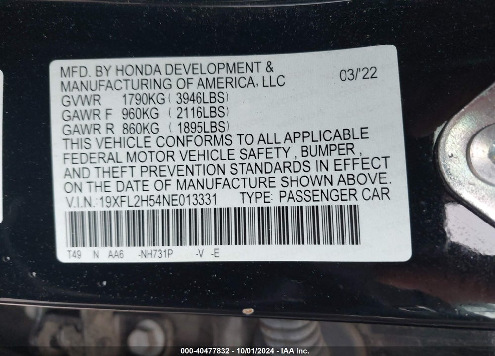 2022 HONDA CIVIC LX VIN: 19XFL2H54NE013331