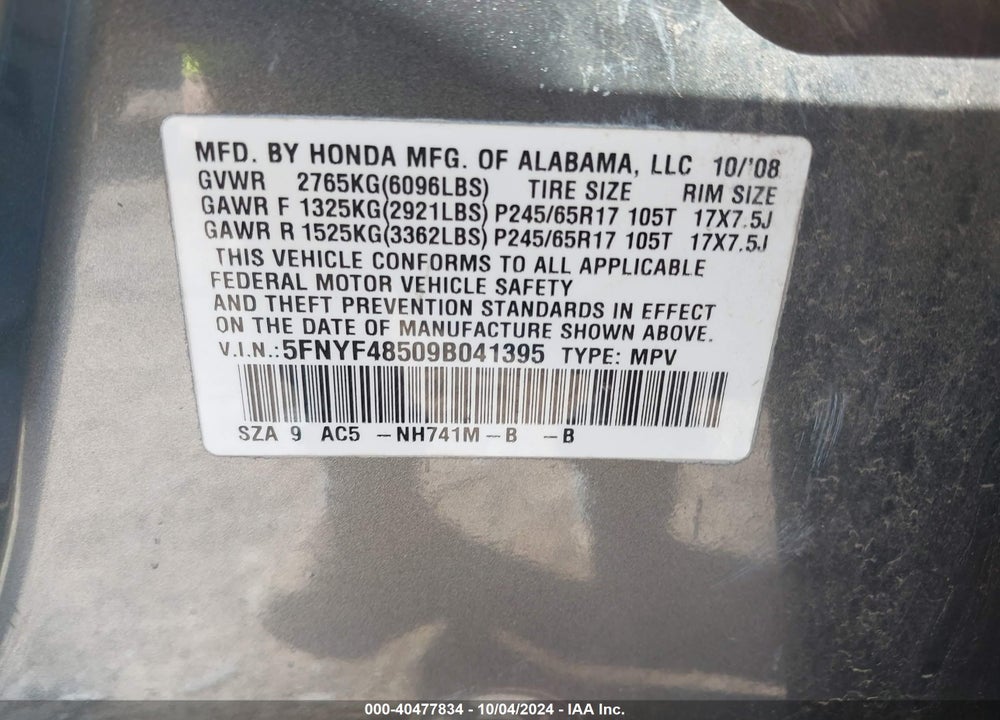 2009 HONDA PILOT EX-L VIN: 5FNYF48509B041395