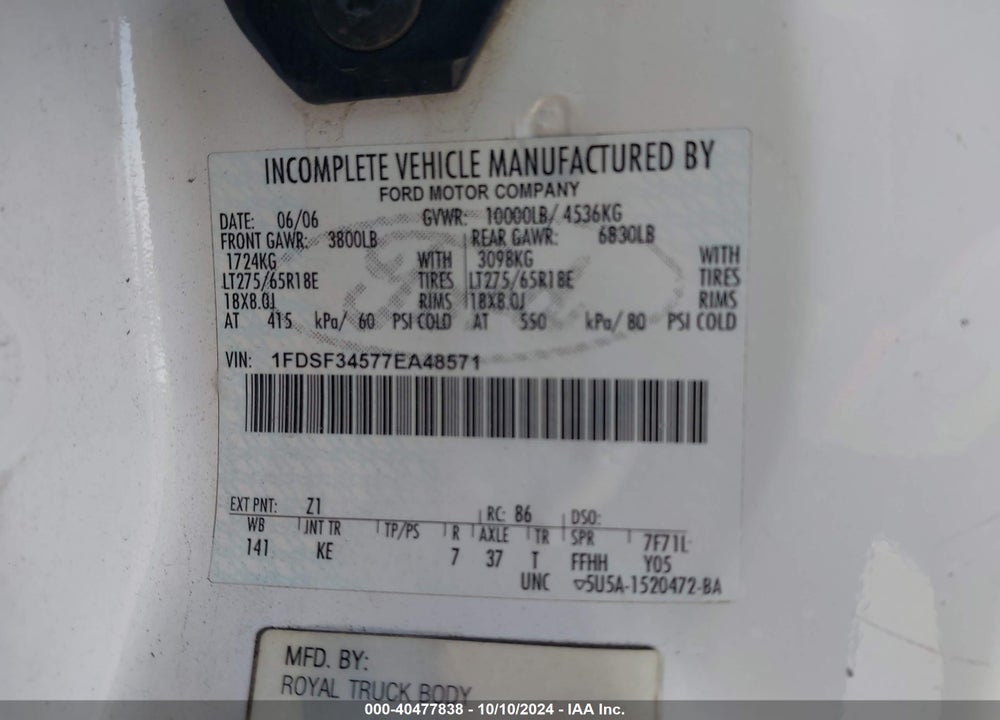 2007 FORD F-350 CHASSIS XL/XLT VIN: 1FDSF34577EA48571