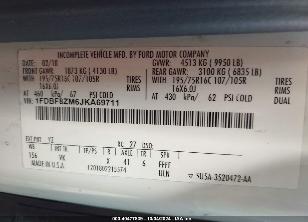 2018 FORD TRANSIT-350 CAB VIN: 1FDBF8ZM6JKA69711