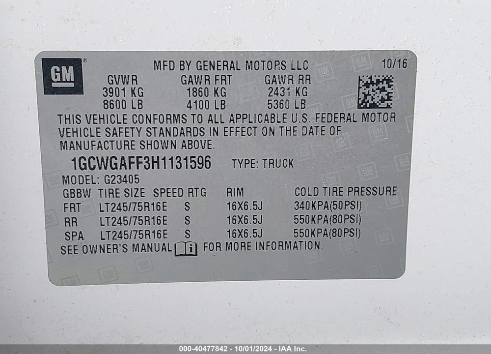 2017 CHEVROLET EXPRESS 2500 WORK VAN VIN: 1GCWGAFF3H1131596