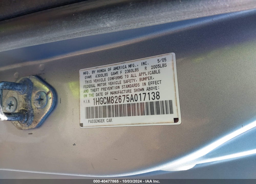 2005 HONDA ACCORD 3.0 EX VIN: 1HGCM82675A017138