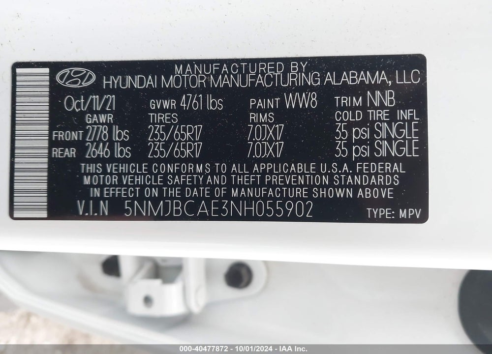 2022 HYUNDAI TUCSON SEL VIN: 5NMJBCAE3NH055902