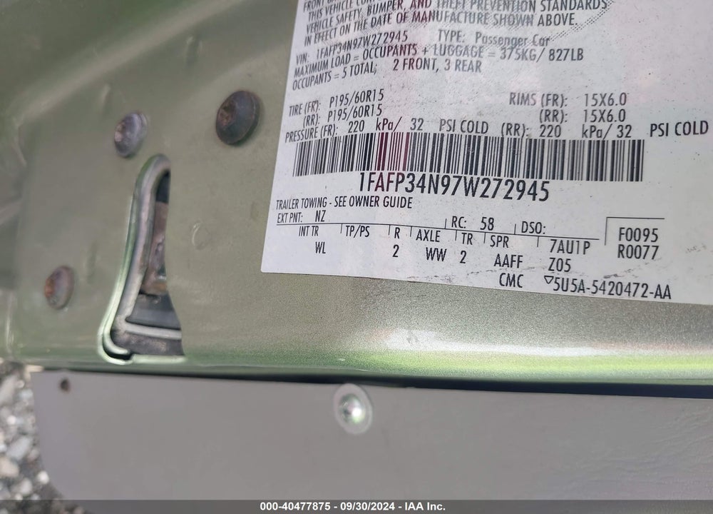2007 FORD FOCUS S/SE/SES VIN: 1FAFP34N97W272945