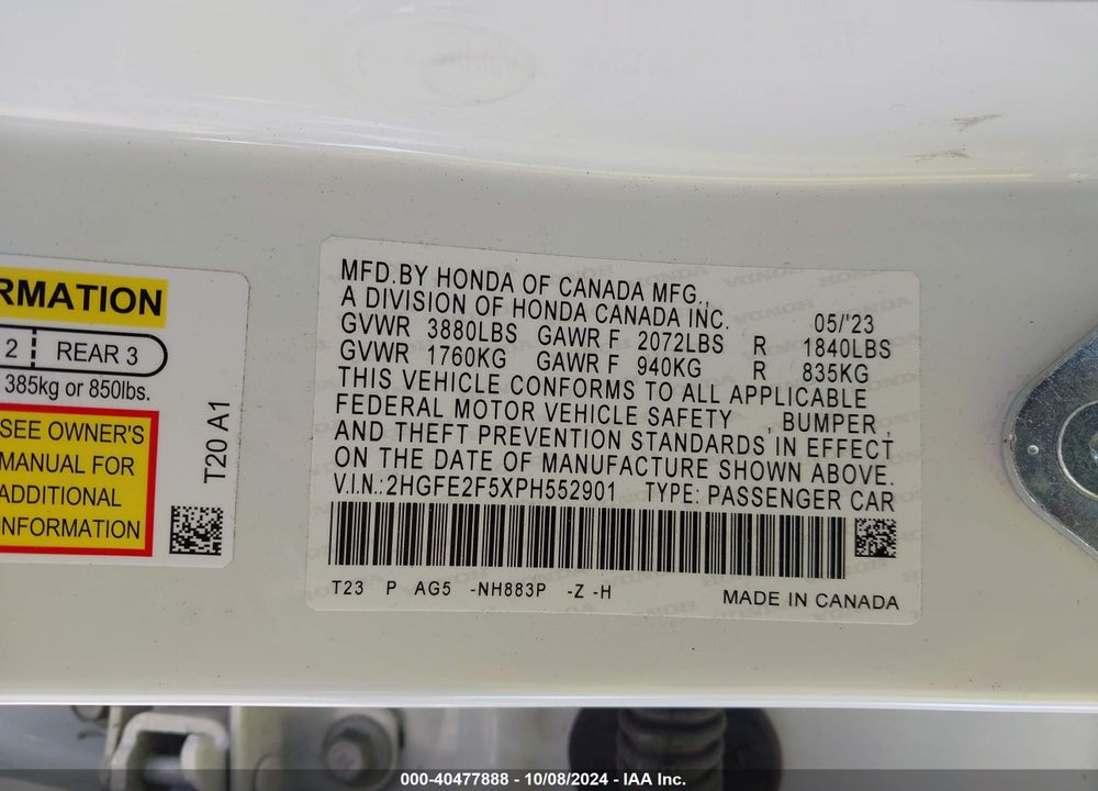 2023 HONDA CIVIC SPORT VIN: 2HGFE2F5XPH552901