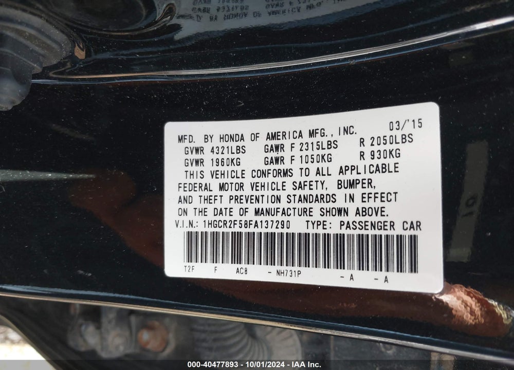 2015 HONDA ACCORD SPORT VIN: 1HGCR2F58FA137290