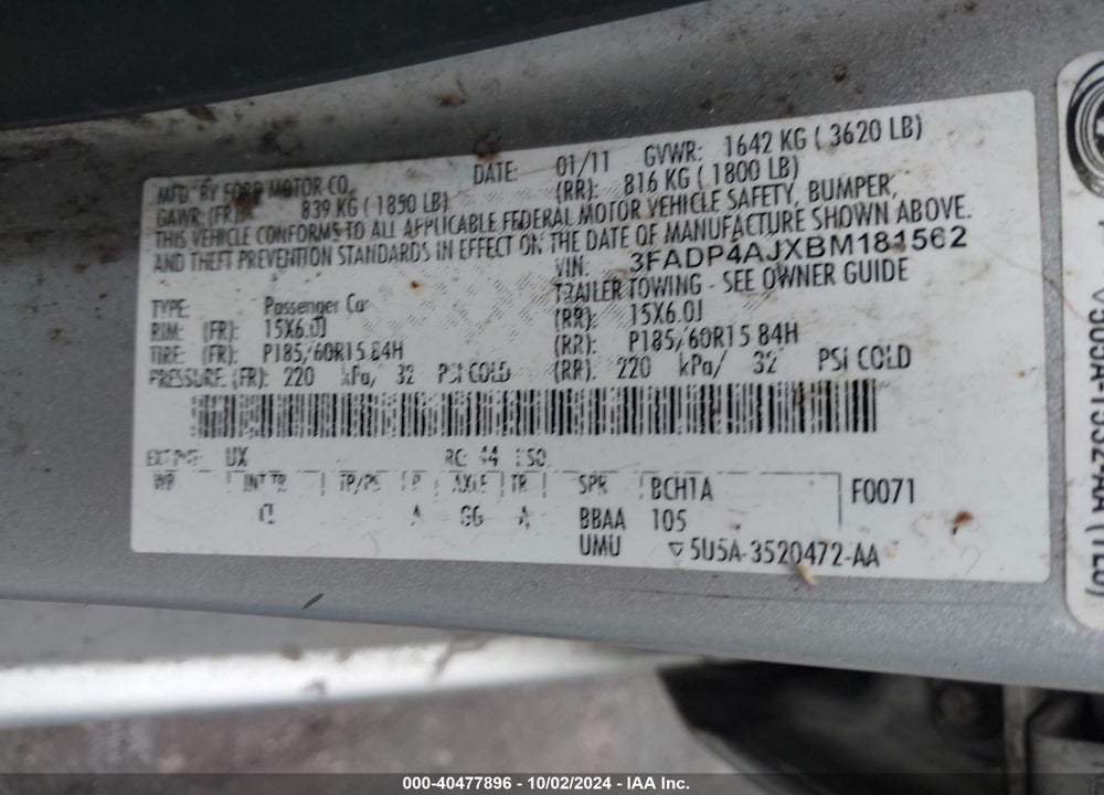2011 FORD FIESTA S VIN: 3FADP4AJXBM181562