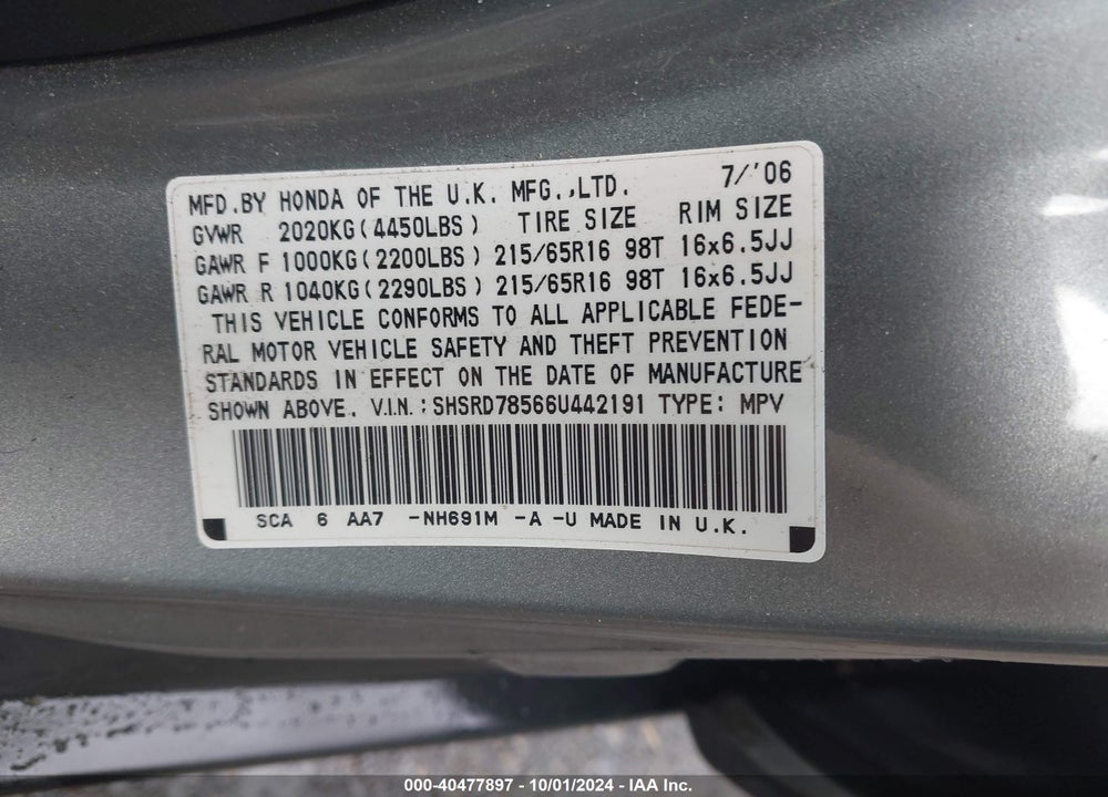 2006 HONDA CR-V LX VIN: SHSRD78566U442191