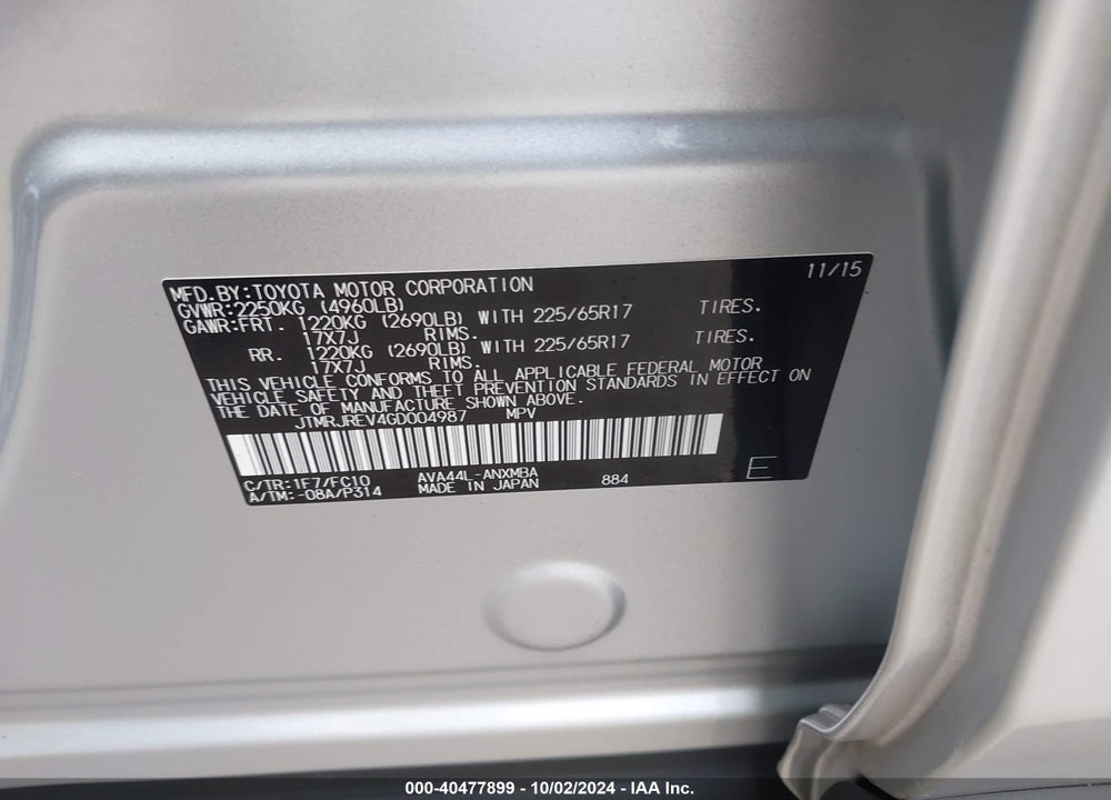 2016 TOYOTA RAV4 HYBRID XLE VIN: JTMRJREV4GD004987