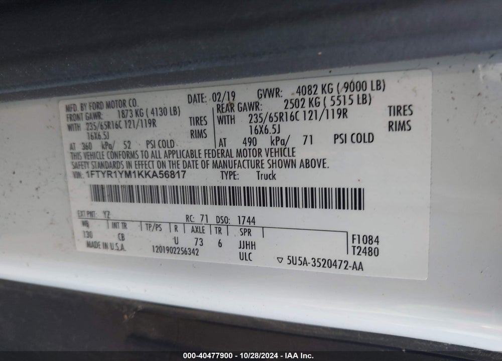 2019 FORD TRANSIT-250 VIN: 1FTYR1YM1KKA56817