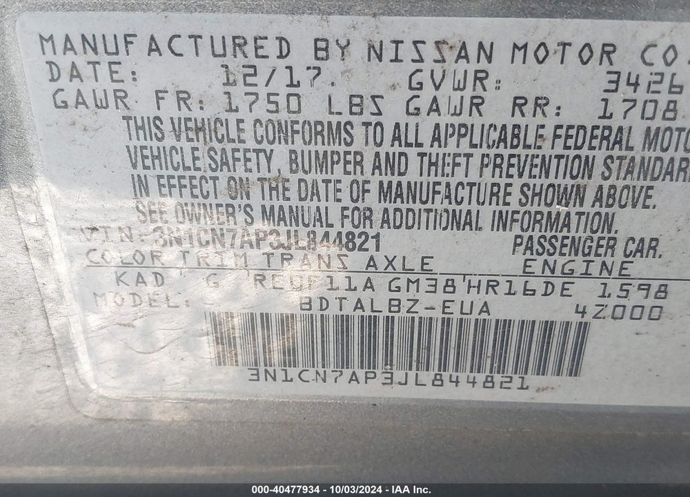 2018 NISSAN VERSA VIN: 3N1CN7AP3JL844821