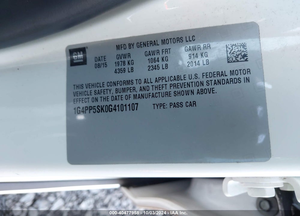 2016 BUICK VERANO VIN: 1G4PP5SK0G4101107