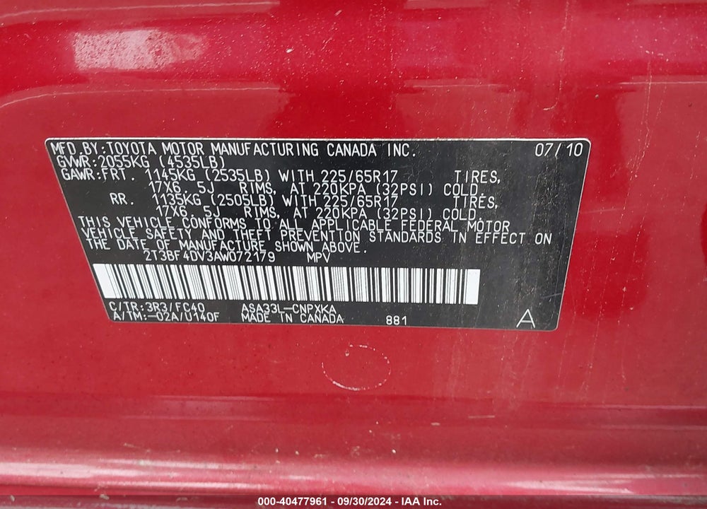 2010 TOYOTA RAV4 VIN: 2T3BF4DV3AW072179