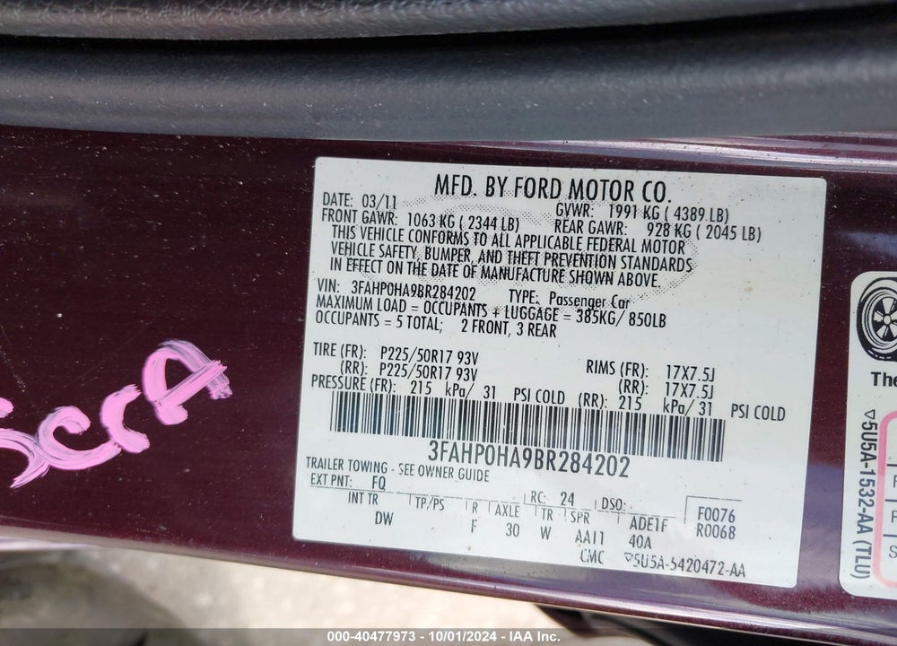 2011 FORD FUSION SE VIN: 3FAHP0HA9BR284202