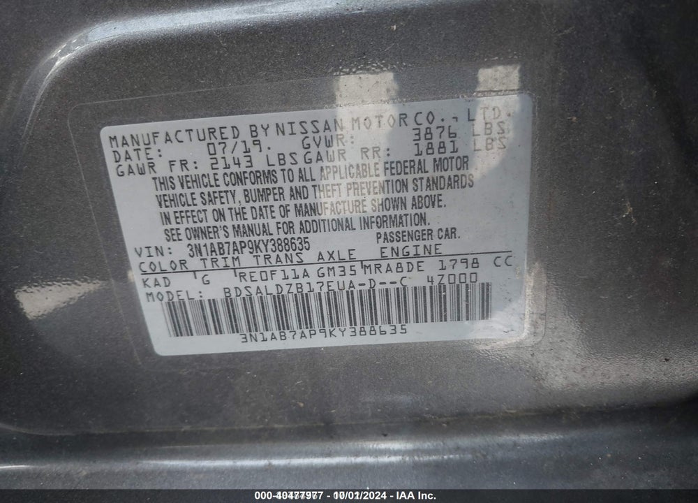 2019 NISSAN SENTRA SV VIN: 3N1AB7AP9KY388635