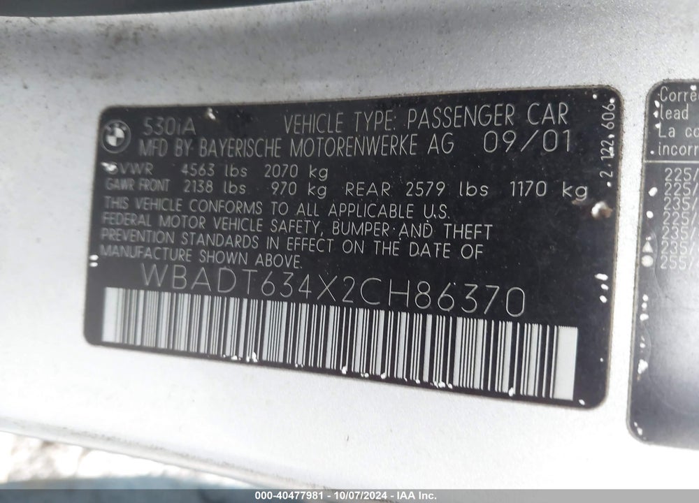 2002 BMW 530IA VIN: WBADT634X2CH86370