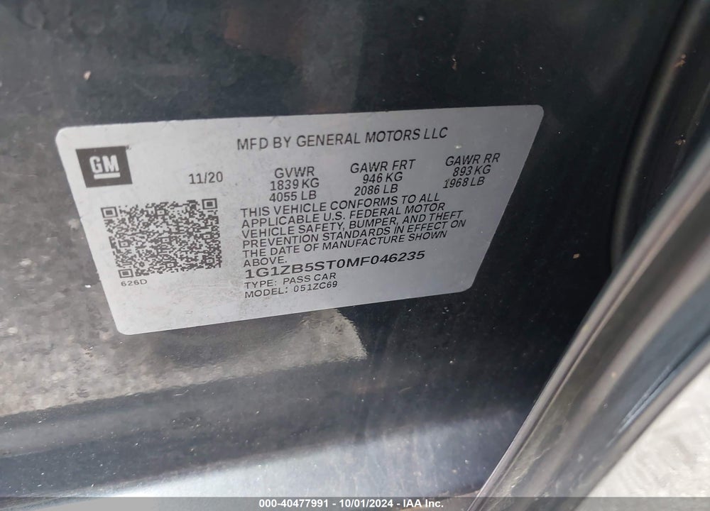 2021 CHEVROLET MALIBU FWD LS VIN: 1G1ZB5ST0MF046235