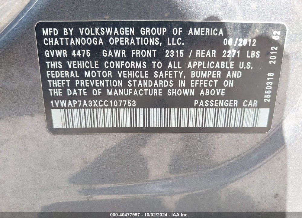 2012 VOLKSWAGEN PASSAT 2.5L S VIN: 1VWAP7A3XCC107753