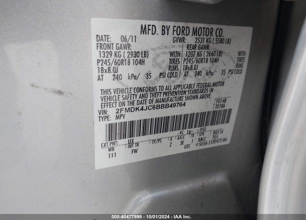 2011 FORD EDGE SEL VIN: 2FMDK4JC6BBB49764