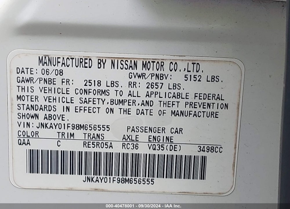 2008 INFINITI M35X VIN: JNKAY01F98M656555