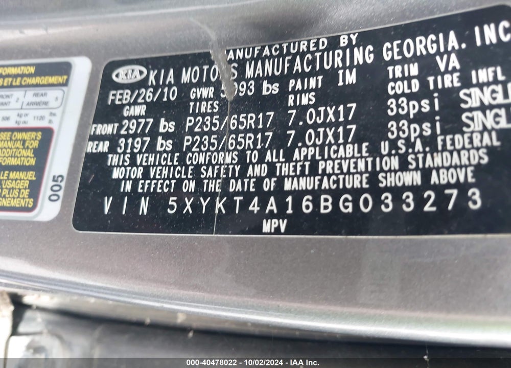 2011 KIA SORENTO LX VIN: 5XYKT4A16BG033273