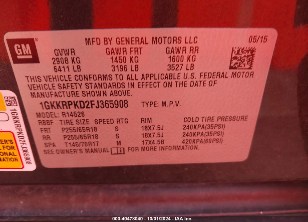2015 GMC ACADIA SLE-2 VIN: 1GKKRPKD2FJ365908