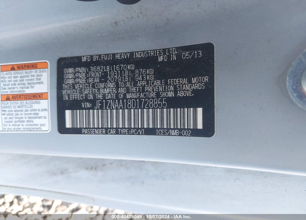 2013 SCION FR-S 10 SERIES VIN: JF1ZNAA18D1728855