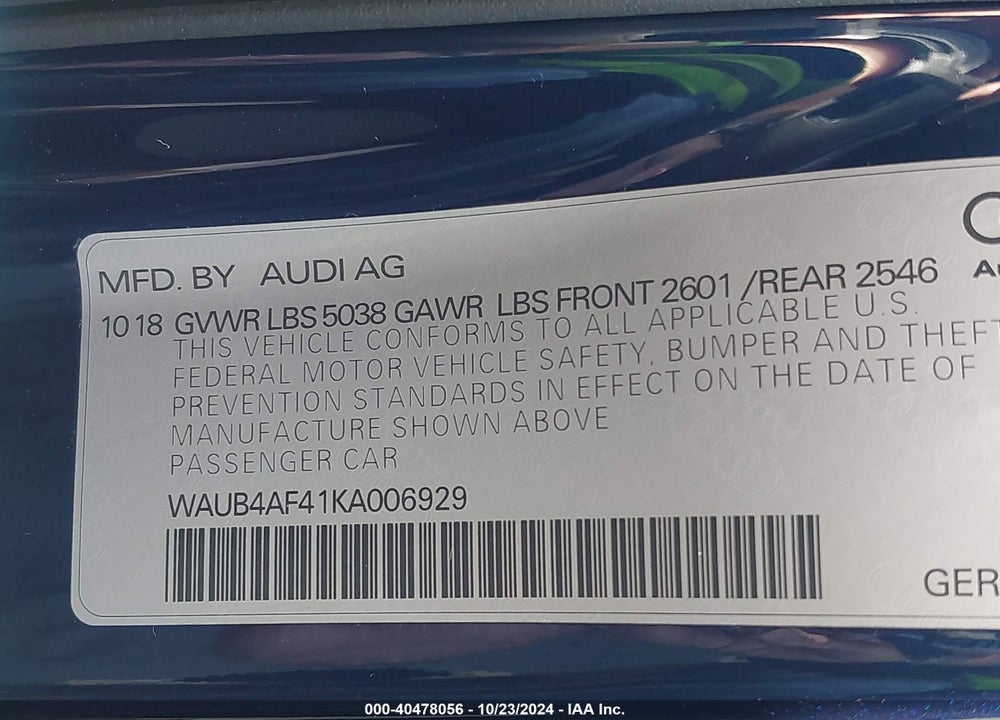 2019 AUDI S4 3.0T PREMIUM VIN: WAUB4AF41KA006929