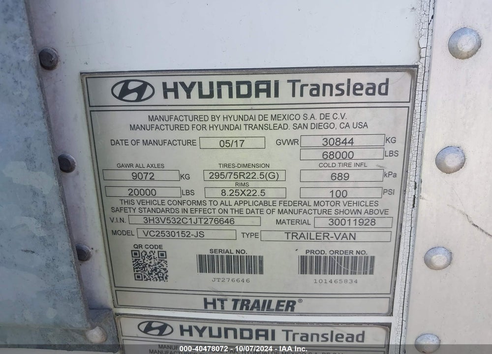 2018 HYUNDAI TRANSLEAD INC --- VIN: 3H3V532C1JT276646