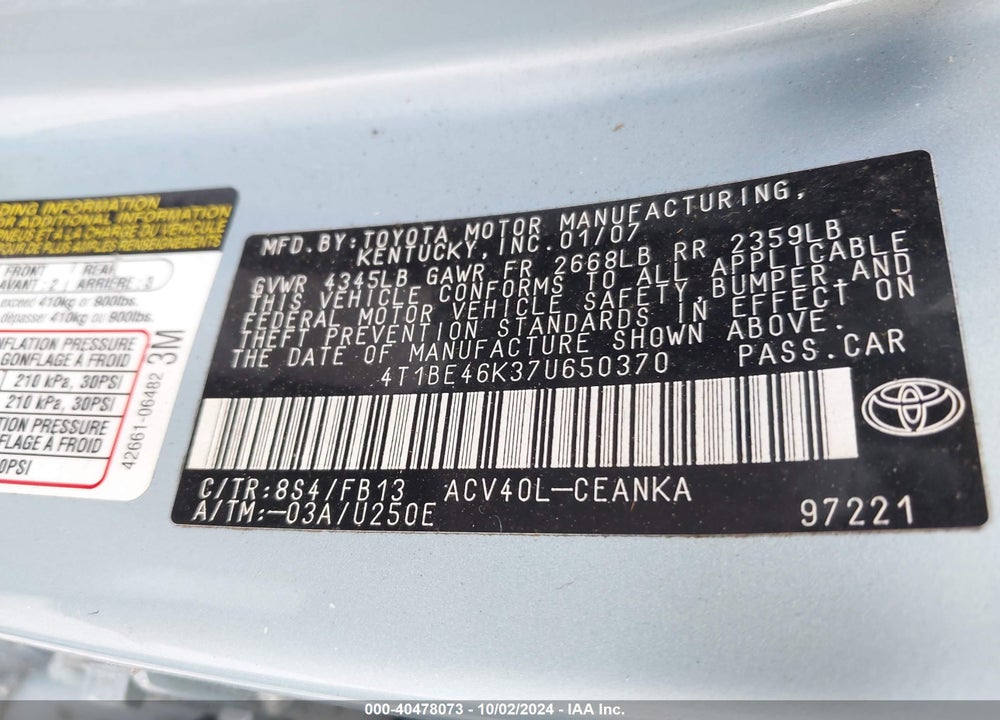 2007 TOYOTA CAMRY LE VIN: 4T1BE46K37U650370